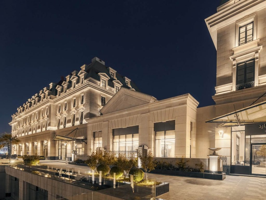 Mansard Riyadh opens: exterior of Mansard Riyadh hotel at night with lights